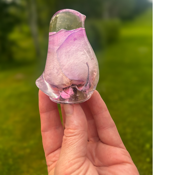 Pink rose resin bird decor with preserved blush rose inside clear resin sculpture