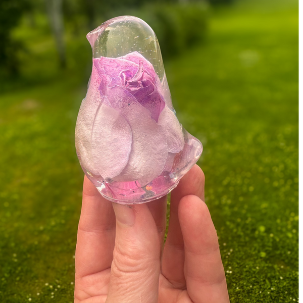 Pink Rose Resin Bird decor with preserved blush rose inside clear resin songbird sculpture