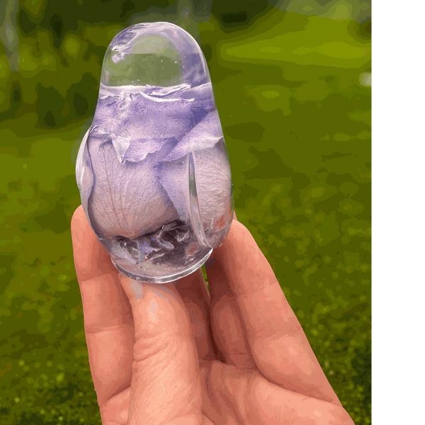 Purple rose preserved inside clear resin songbird decor with lavender tones