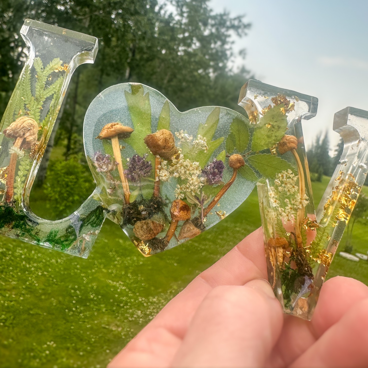 Boreal Mushroom LOVE word art with real mushrooms, ferns, moss, and gold leaf in clear resin decor