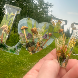 Boreal Mushroom LOVE word art with real mushrooms, ferns, moss, and gold leaf in clear resin decor