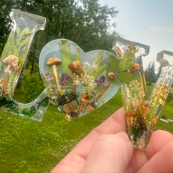 Boreal Mushroom LOVE word art with real mushrooms, ferns, moss, and gold leaf in clear resin decor