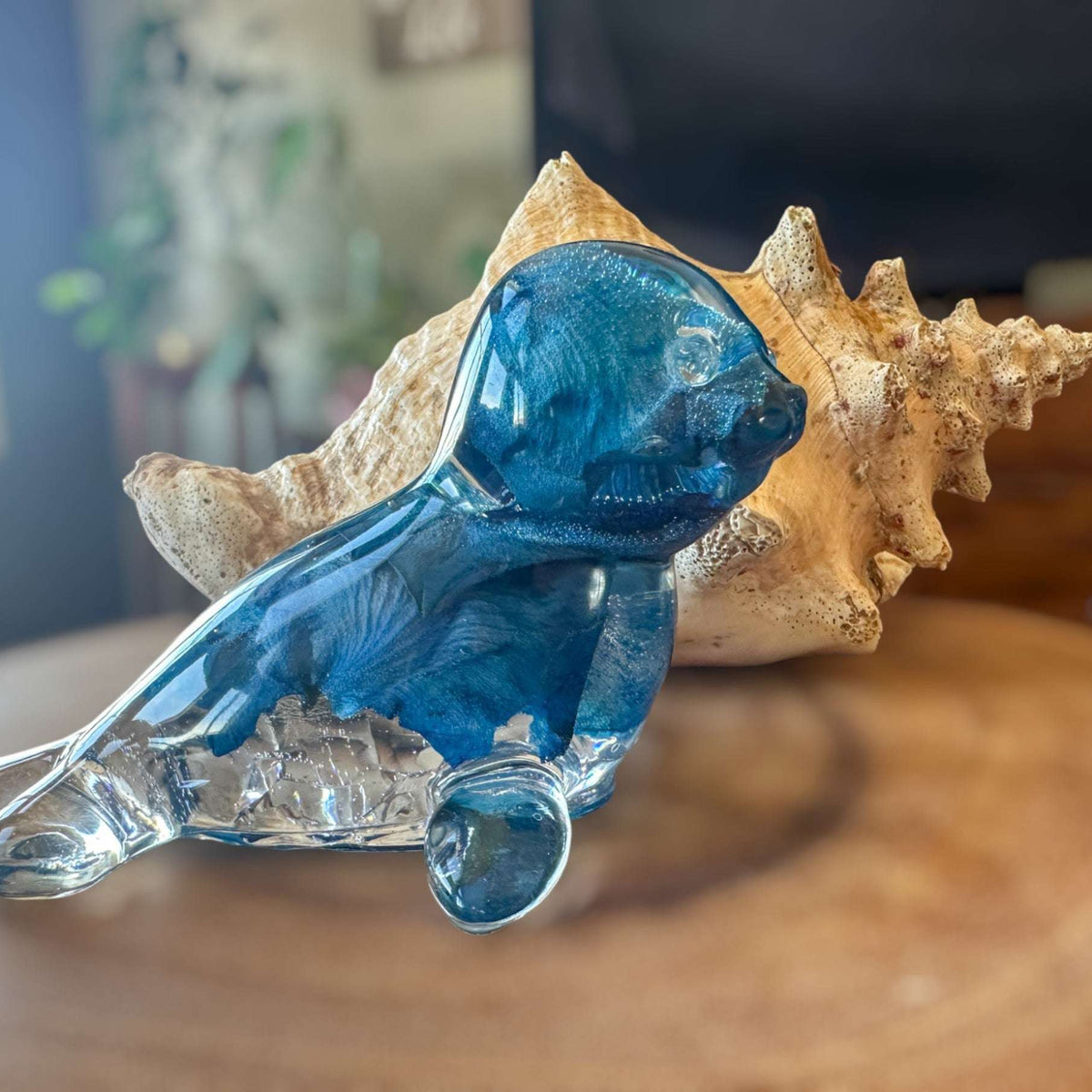 Blue Rose Ocean's Embrace: Enchanted Seal Sculpture Handmade Decor