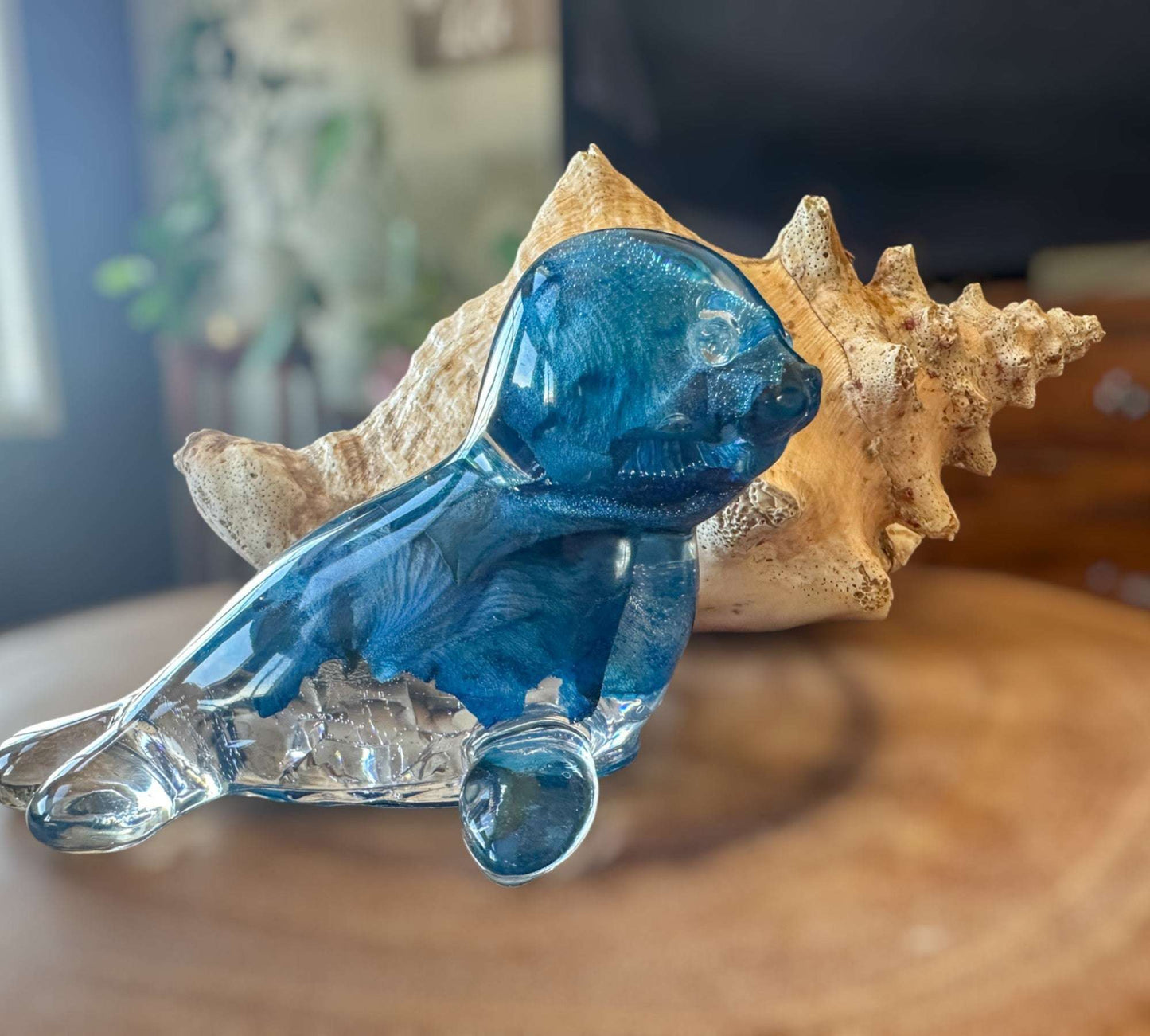 Blue Rose Ocean's Embrace: Enchanted Seal Sculpture Handmade Decor