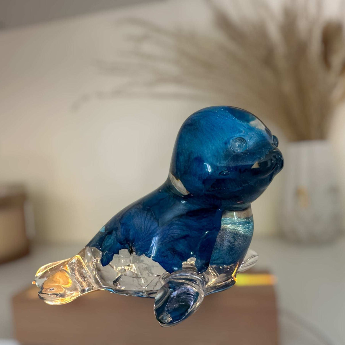 Blue Rose Ocean's Embrace: Enchanted Seal Sculpture Handmade Decor