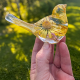Handcrafted yellow floral daisy resin bird with gold leaf details and real summer blooms