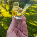 Handcrafted resin bird with real yellow floral daisy and gold leaf details