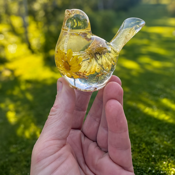 Handcrafted resin bird with real yellow floral daisy and gold leaf details