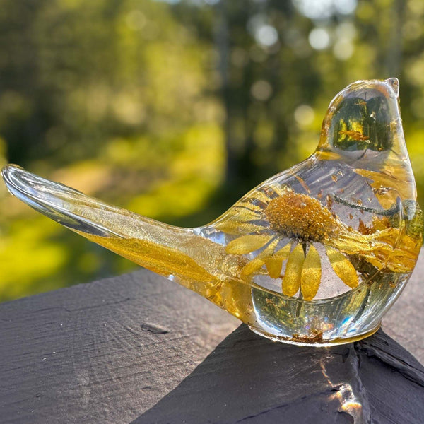 Handcrafted yellow floral daisy resin bird with gold leaf accents and real summer blooms