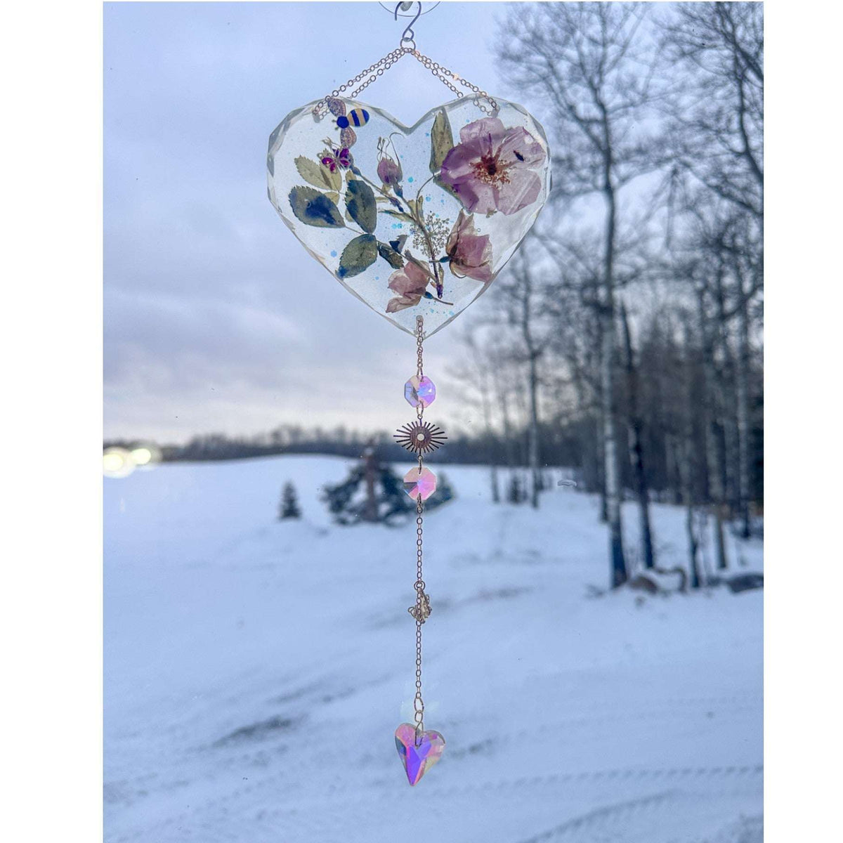 Whispering Wild Rose Heart Suncatcher - Handmade with Dried Wild Roses