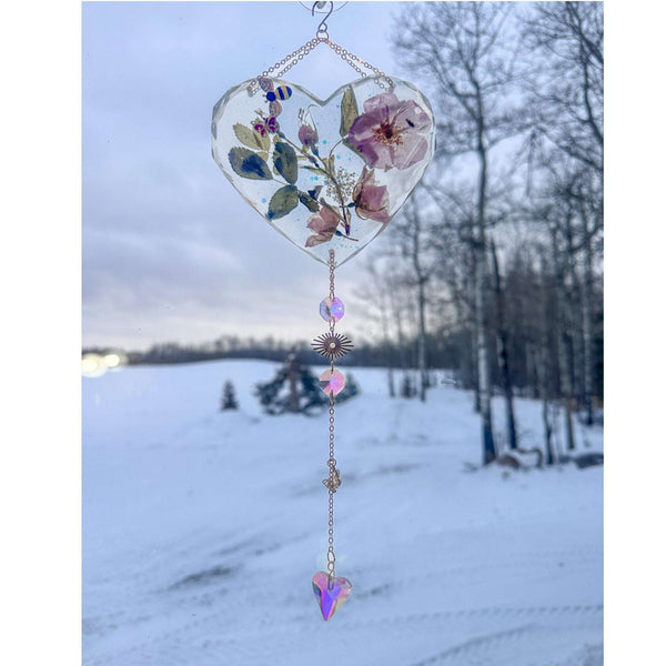 Whispering Wild Rose Heart Suncatcher - Handmade with Dried Wild Roses