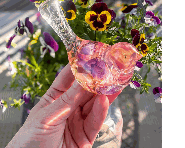 Handmade clear resin bird with real preserved fuchsia flowers and gold leaf accents