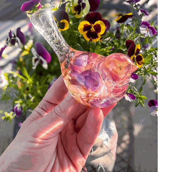 Handmade clear resin bird with real preserved fuchsia flowers and gold leaf accents