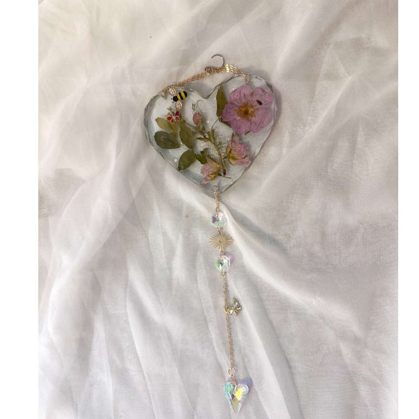 Whispering Wild Rose Heart Suncatcher - Handmade with Dried Wild Roses