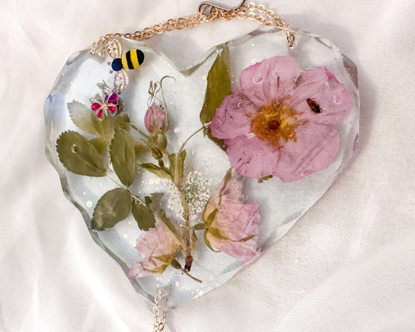 Whispering Wild Rose Heart Suncatcher - Handmade with Dried Wild Roses