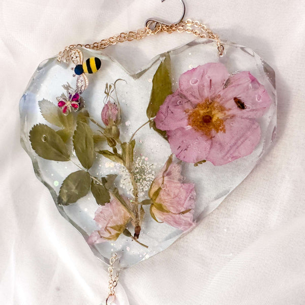 Whispering Wild Rose Heart Suncatcher - Handmade with Dried Wild Roses