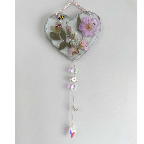 Whispering Wild Rose Heart Suncatcher - Handmade with Dried Wild Roses