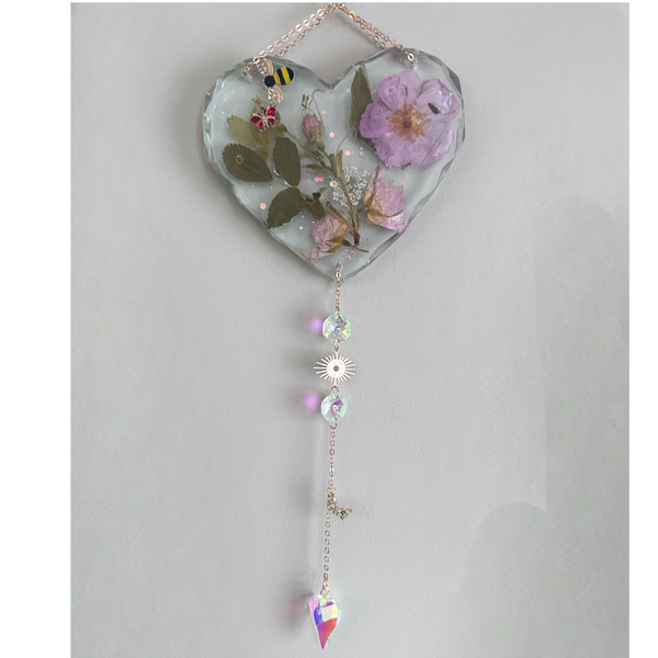 Whispering Wild Rose Heart Suncatcher - Handmade with Dried Wild Roses