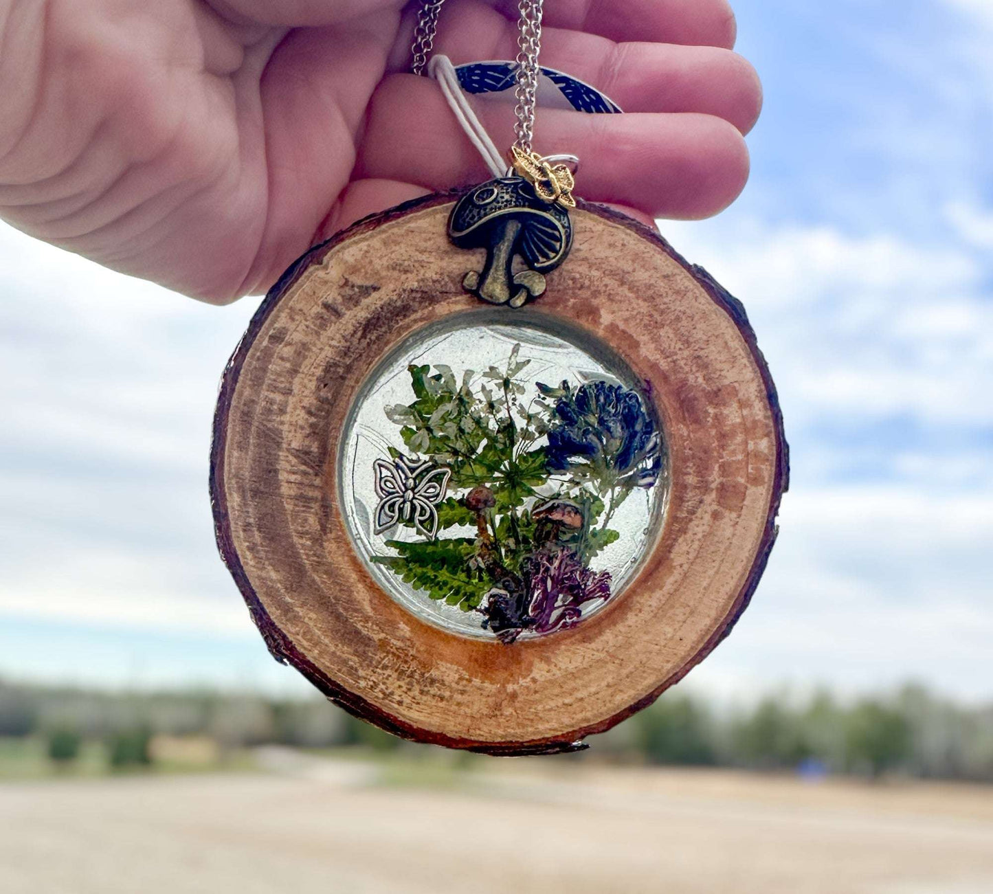 Enchanted Forest Wood Suncatcher - Real Dried Flowers and Mushrooms