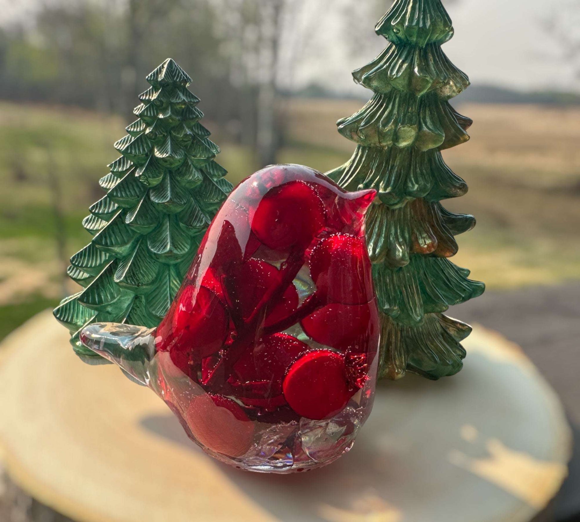Sculpture - Forest Serenade - Handcrafted Red Berry Resin Bird Decor