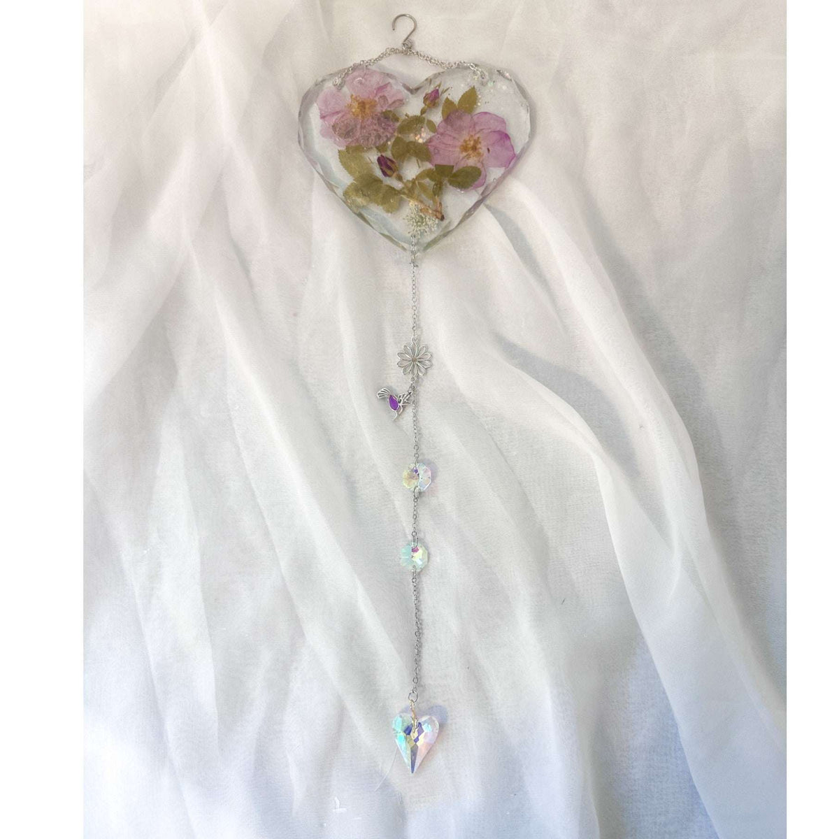 Wild Roses Handmade Heart Suncatcher - Real Dried Wild Roses