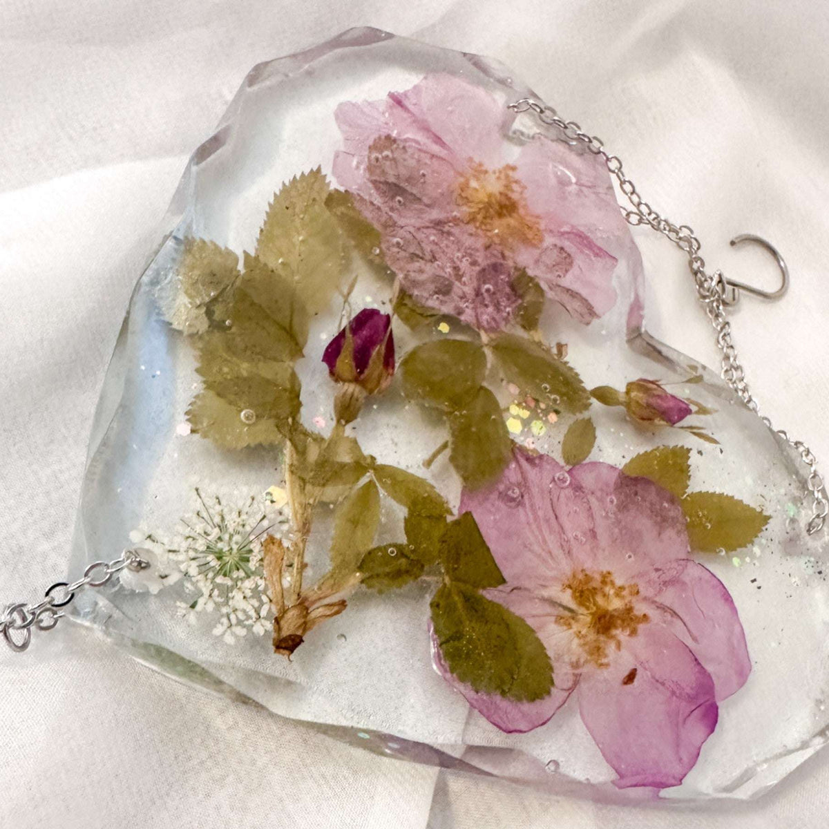 Wild Roses Handmade Heart Suncatcher - Real Dried Wild Roses