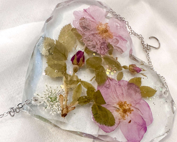 Wild Roses Handmade Heart Suncatcher - Real Dried Wild Roses