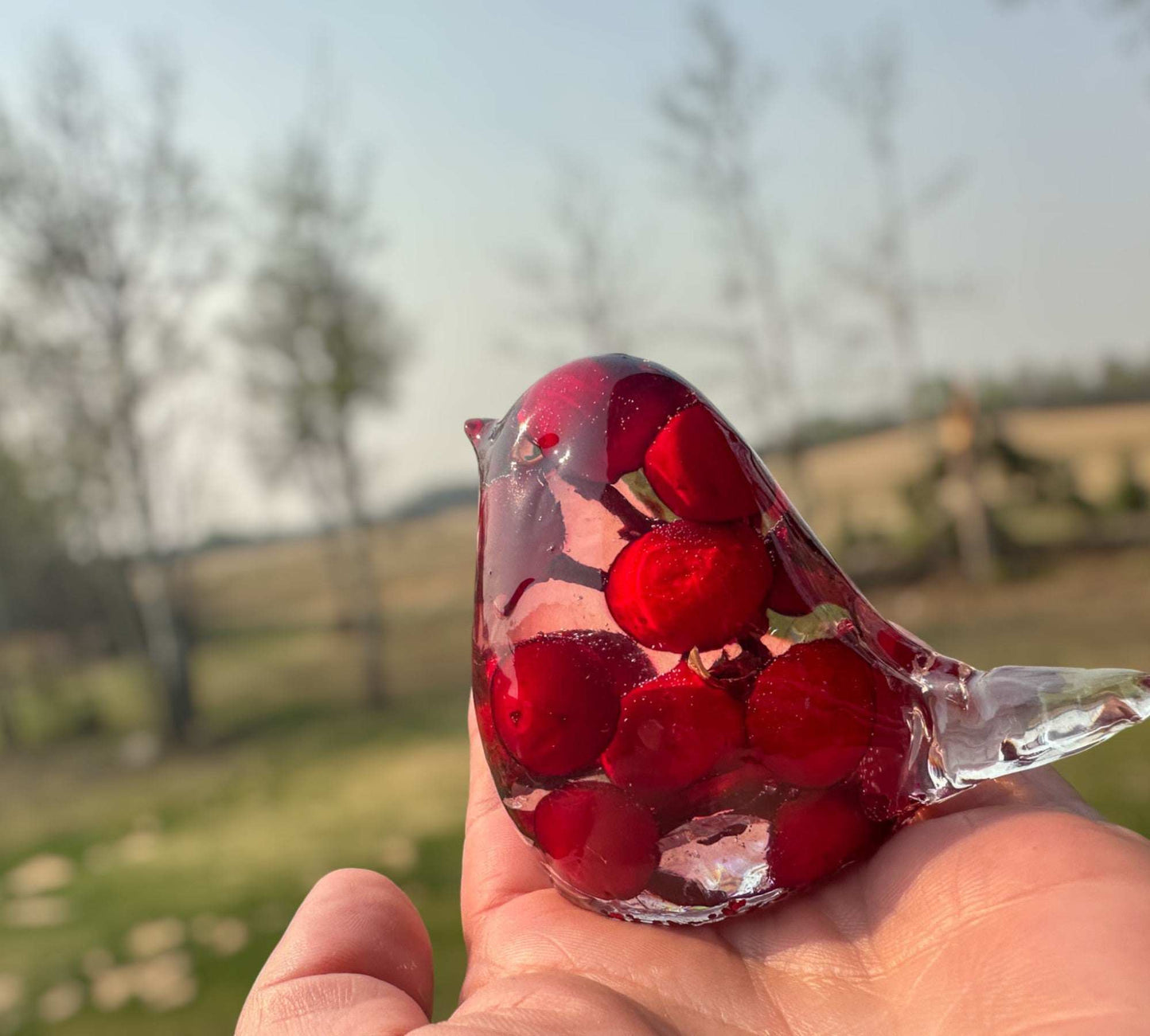 Sculpture - Forest Serenade - Handcrafted Red Berry Resin Bird Decor