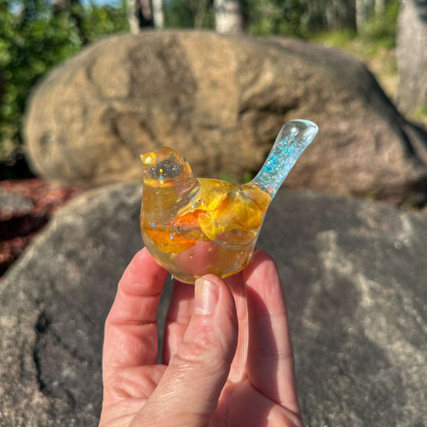 Orange Pansy Bird – Handmade Resin Bird with Real Flowers & Sparkles