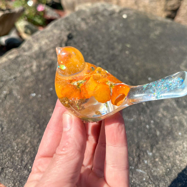 Orange Pansy Bird – Handmade Resin Bird with Real Flowers & Sparkles