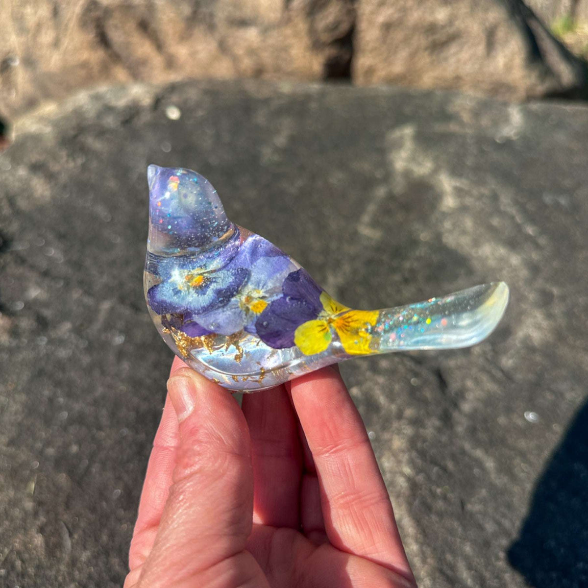 Pansy Songbird - Handmade Resin Bird Decor with Real Pansy Flowers