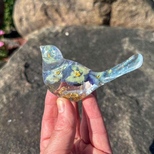 Pansy Songbirds - Handmade Resin Bird Decor with Dried Pansies
