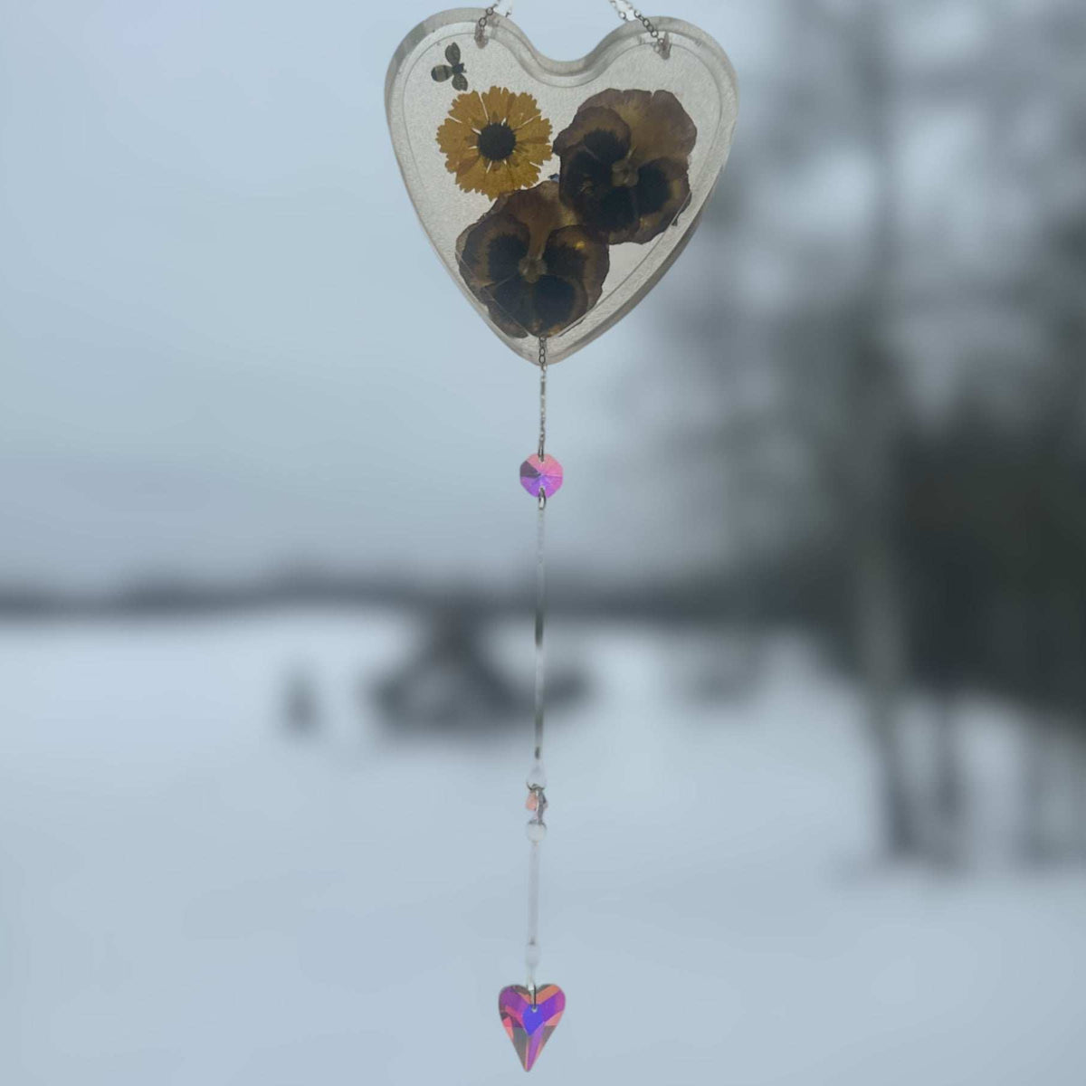 Glow -in-the-Dark Floral Resin Heart Suncatcher Real Pansies & Bee