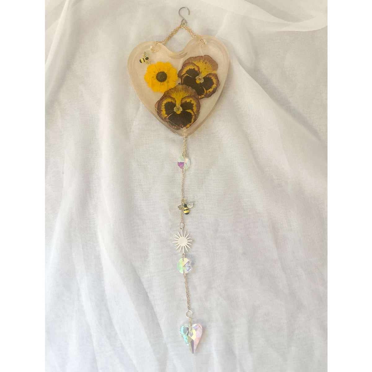 Glow -in-the-Dark Floral Resin Heart Suncatcher Real Pansies & Bee