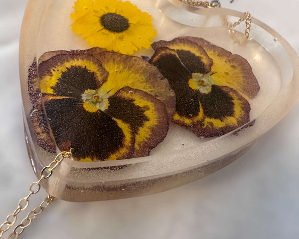 Glow -in-the-Dark Floral Resin Heart Suncatcher Real Pansies & Bee