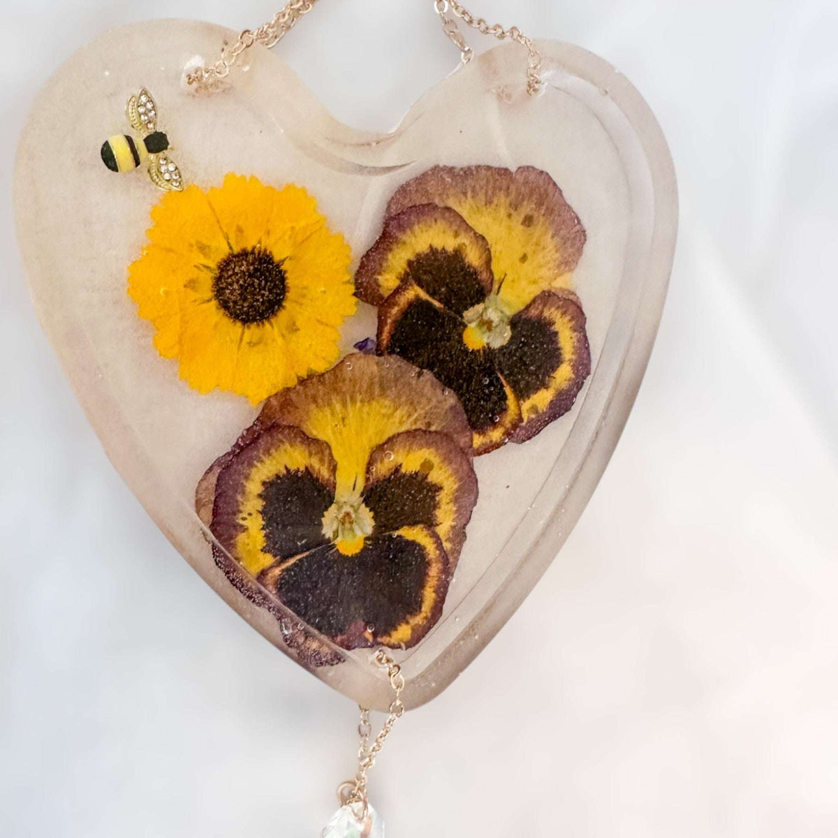 Glow -in-the-Dark Floral Resin Heart Suncatcher Real Pansies & Bee