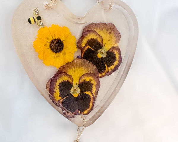 Glow -in-the-Dark Floral Resin Heart Suncatcher Real Pansies & Bee