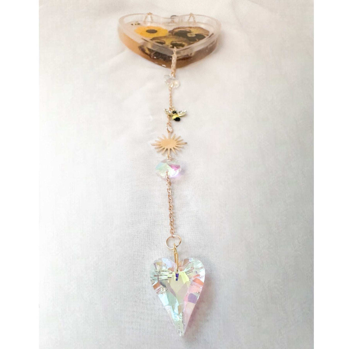 Glow -in-the-Dark Floral Resin Heart Suncatcher Real Pansies & Bee