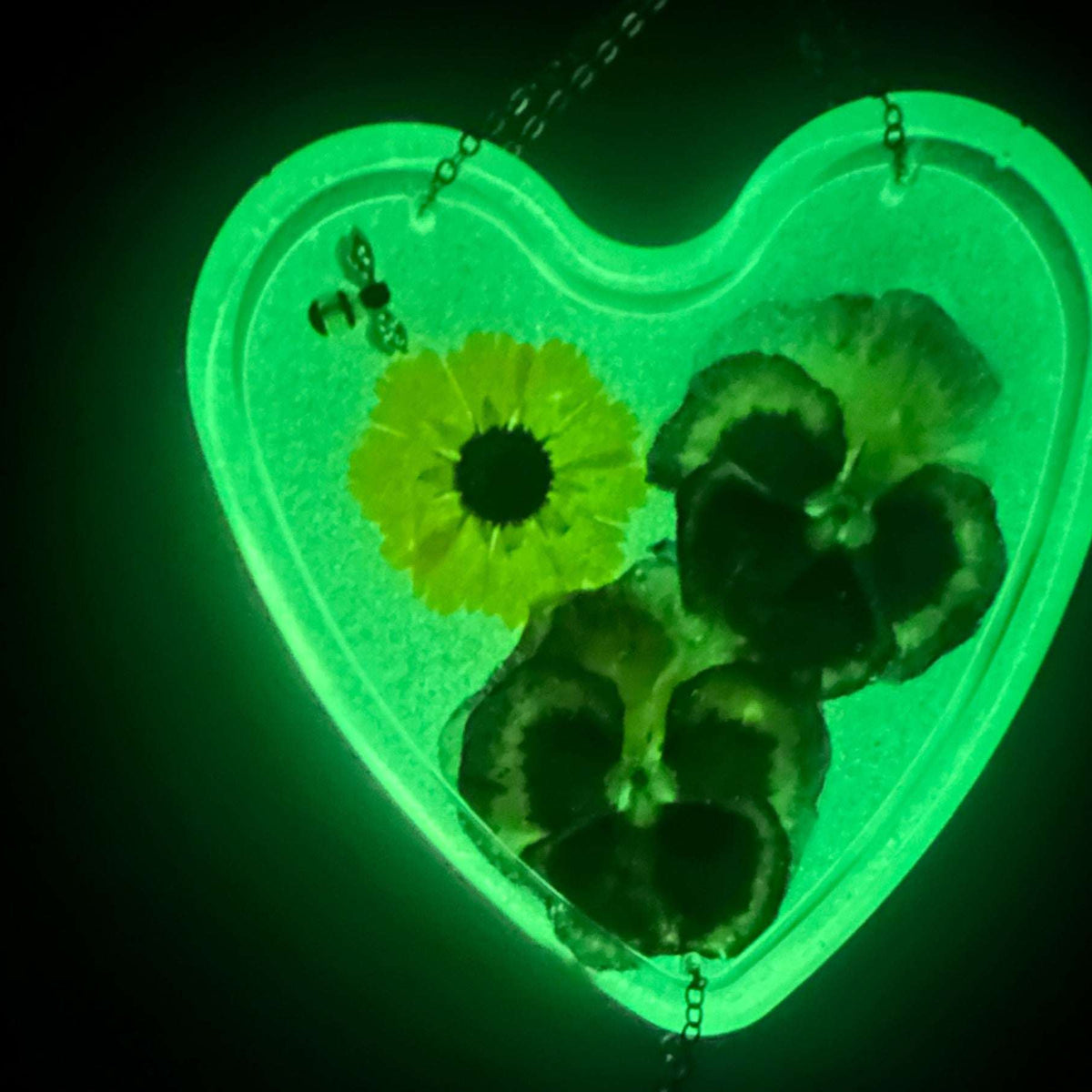 Glow -in-the-Dark Floral Resin Heart Suncatcher Real Pansies & Bee