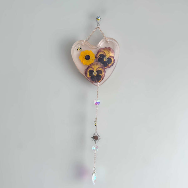 Glow -in-the-Dark Floral Resin Heart Suncatcher Real Pansies & Bee