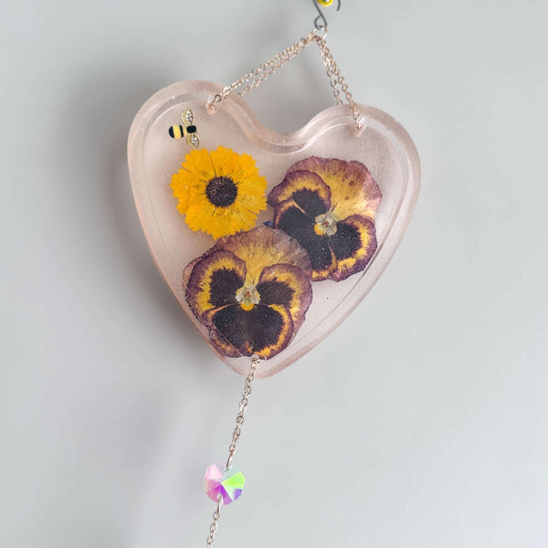 Glow -in-the-Dark Floral Resin Heart Suncatcher Real Pansies & Bee