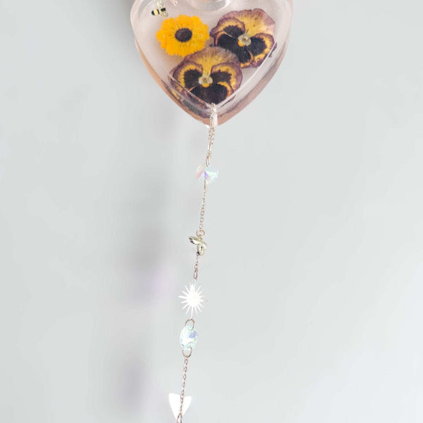 Glow -in-the-Dark Floral Resin Heart Suncatcher Real Pansies & Bee
