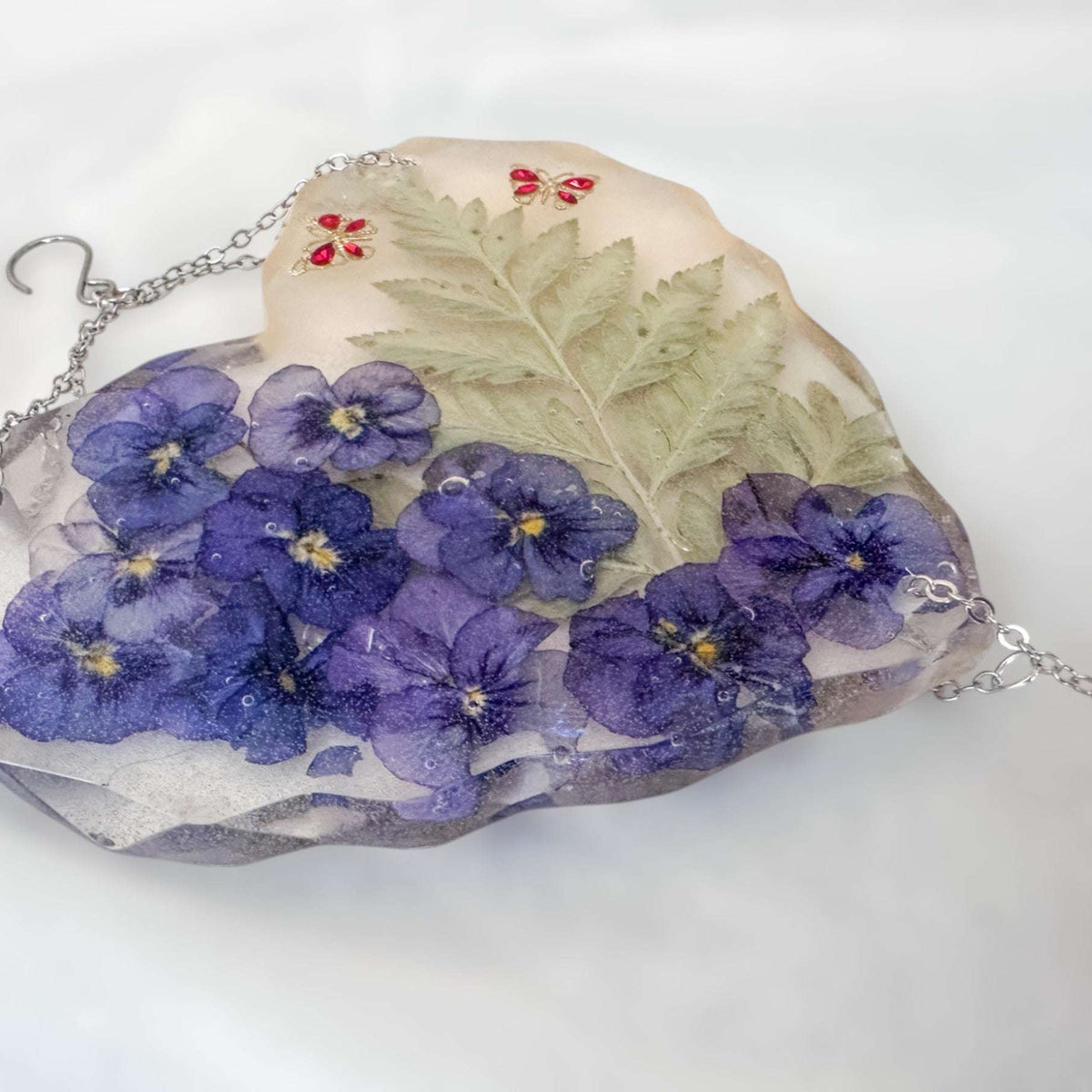 Secret Garden Glow Heart Handmade Suncatcher - Pansies & Butterflies