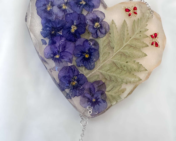 Secret Garden Glow Heart Handmade Suncatcher - Pansies & Butterflies