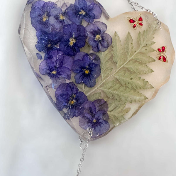 Secret Garden Glow Heart Handmade Suncatcher - Pansies & Butterflies