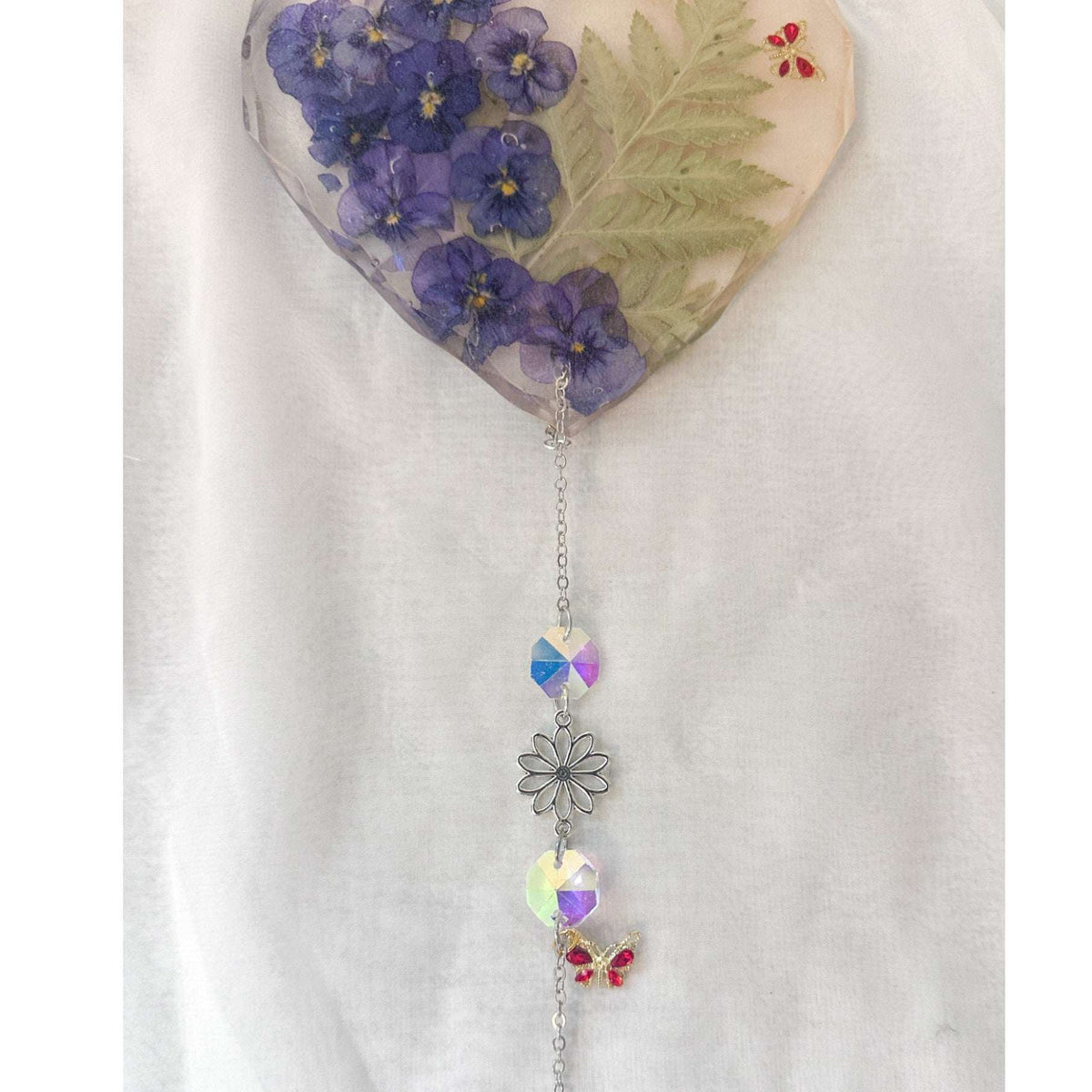 Secret Garden Glow Heart Handmade Suncatcher - Pansies & Butterflies