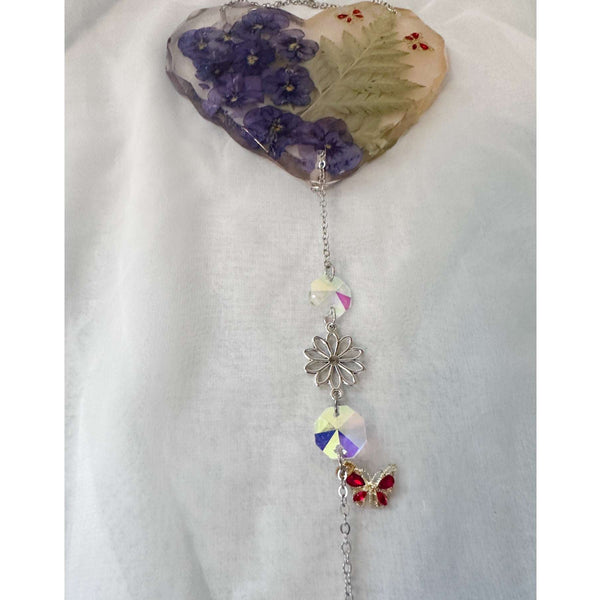 Secret Garden Glow Heart Handmade Suncatcher - Pansies & Butterflies