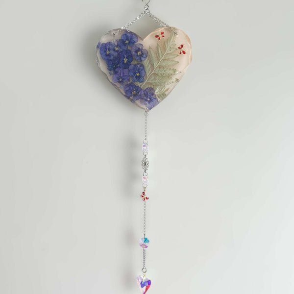 Secret Garden Glow Heart Handmade Suncatcher - Pansies & Butterflies