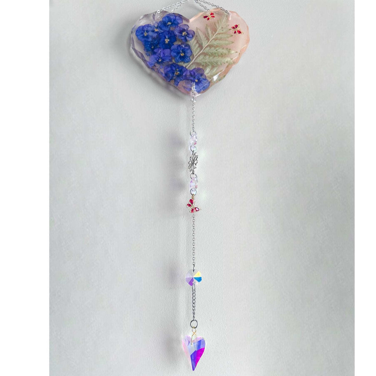 Secret Garden Glow Heart Handmade Suncatcher - Pansies & Butterflies