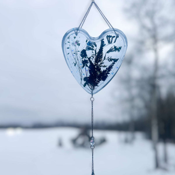 Bluebell Dreams Suncatcher Floral Heart with Blue Glow Handmade Magic